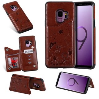 Samsung Galaxy S9 Bee and Cat Magnetic Card Slots Stand Cover Brown