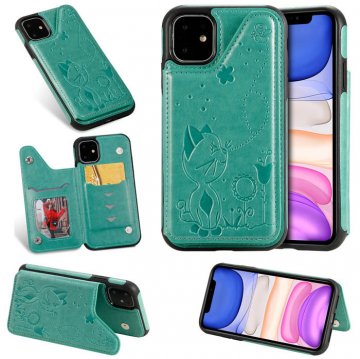 iPhone 11 Bee and Cat Embossing Magnetic Card Slots Cover Green