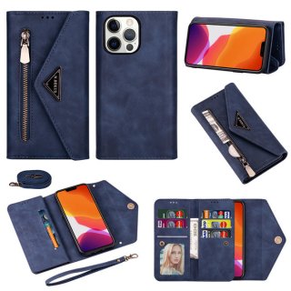 iPhone 13 Pro Max Crossbody Lanyard Zipper Pocket Wallet Case Blue