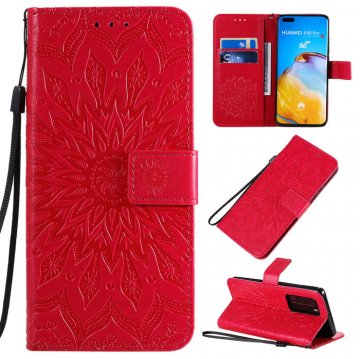 Huawei P40 Pro Embossed Sunflower Wallet Stand Case Red