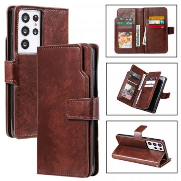 Samsung Galaxy S21 Ultra Wallet 9 Card Slots Magnetic Case Brown