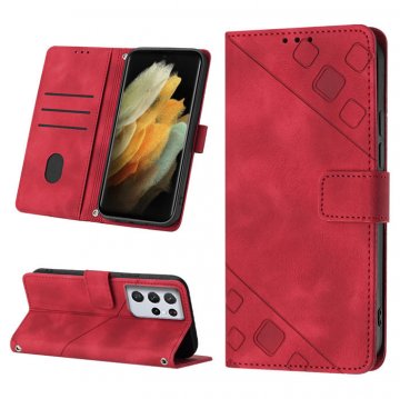 Skin-friendly Samsung Galaxy S21 Ultra Wallet Stand Case with Wrist Strap Red