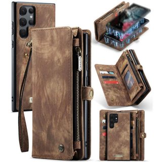 CaseMe Samsung Galaxy S22 Ultra Zipper Wallet Case with Wrist Strap Coffee