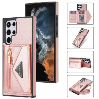 Crossbody Zipper Wallet Samsung Galaxy S22 Ultra Case With Strap Rose Gold