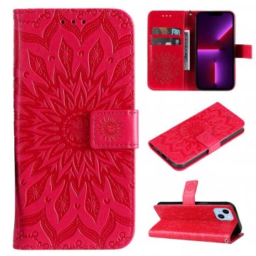 Embossed Sunflower iPhone 14 Wallet Magnetic Case Red