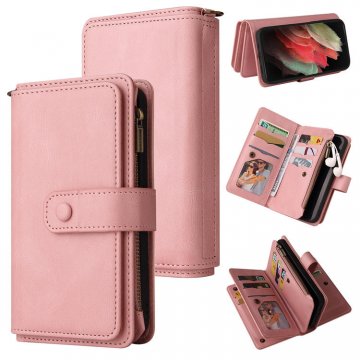 For Samsung Galaxy S21 Ultra Wallet 15 Card Slots Case with Wrist Strap Pink