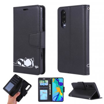 Huawei P30 Cat Pattern Wallet Magnetic Stand Case Black