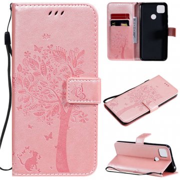 Xiaomi Redmi 9C Embossed Tree Cat Butterfly Wallet Stand Case Rose Gold