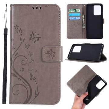 Samsung Galaxy S20 Ultra Butterfly Pattern Wallet Magnetic Stand Case Gray