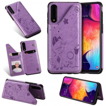 Samsung Galaxy A50 Bee and Cat Magnetic Card Slots Stand Cover Purple