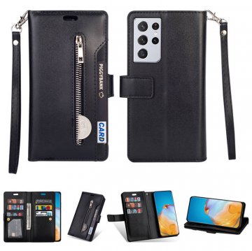Samsung Galaxy S21/S21 Plus/S21 Ultra Zipper Pocket Wallet Stand Case Black