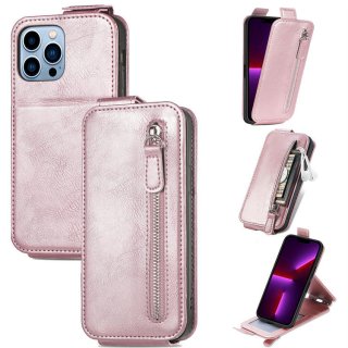 Zipper Pocket Vertical Flip Wallet Stand Case Rose Gold For iPhone