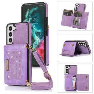 Bling Crossbody Wallet Samsung Galaxy S22 Case with Strap Purple