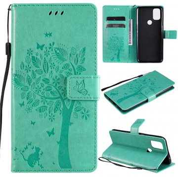 OnePlus Nord N10 5G Embossed Tree Cat Butterfly Wallet Stand Case Green