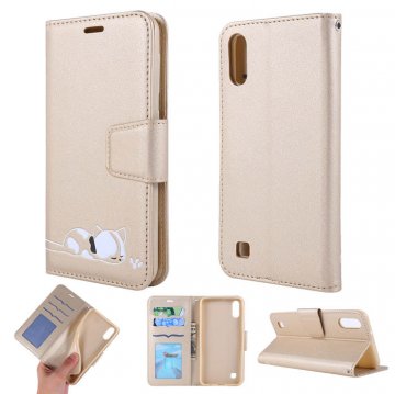 Samsung Galaxy A10 Cat Pattern Wallet Magnetic Stand Case Gold