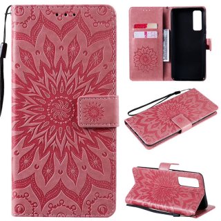 Huawei P Smart 2021 Embossed Sunflower Wallet Magnetic Stand Case Pink