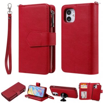 iPhone 12 Zipper Wallet Magnetic Detachable 2 in 1 Case Red