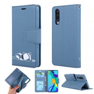 Huawei P30 Cat Pattern Wallet Magnetic Stand Case Blue