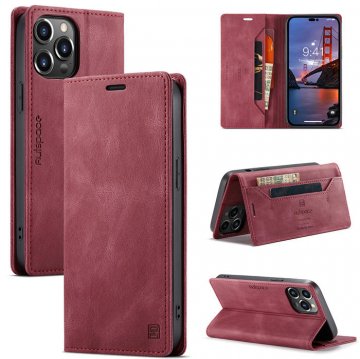 Autspace iPhone 14 Pro RFID Blocking Wallet Magnetic Case Red