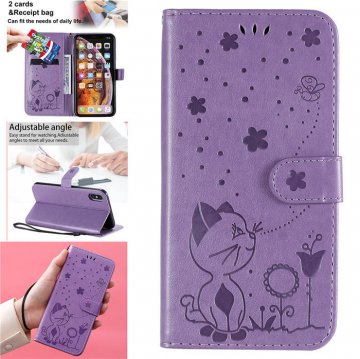iPhone XS Max Embossed Cat Bee Wallet Magnetic Stand Case Purple