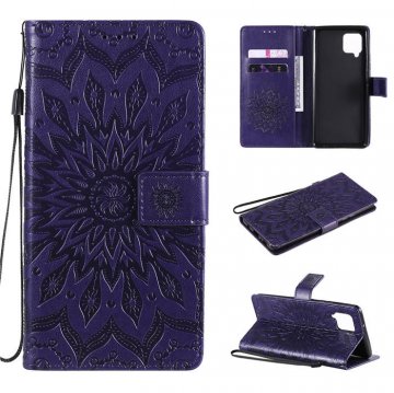 Samsung Galaxy A52 5G Embossed Sunflower Wallet Magnetic Stand Case Purple