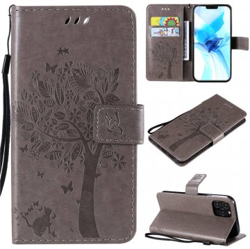 iPhone 12 Pro Embossed Tree Cat Butterfly Wallet Stand Case Gray