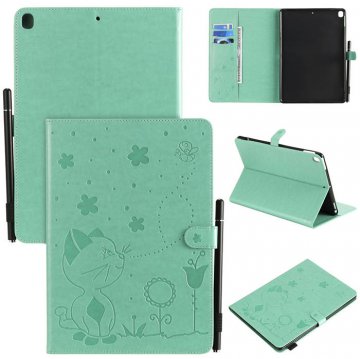 iPad Pro 10.2 inch 2019 Embossed Cat Wallet Stand Leather Case Green