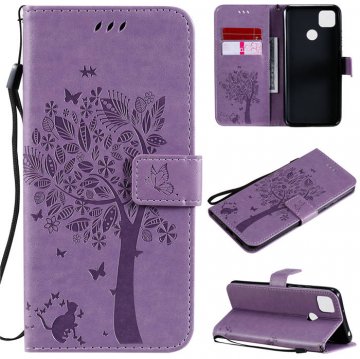 Xiaomi Redmi 9C Embossed Tree Cat Butterfly Wallet Stand Case Lavender