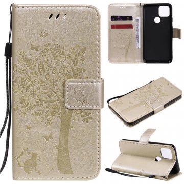 Google Pixel 5 Embossed Tree Cat Butterfly Wallet Stand Case Gold