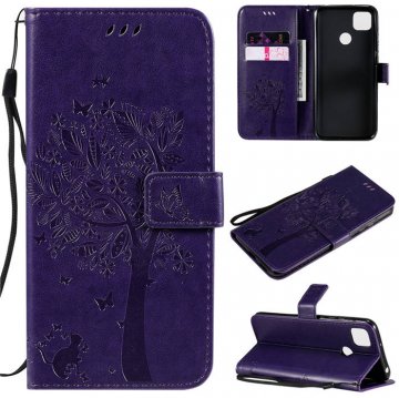 Xiaomi Redmi 9C Embossed Tree Cat Butterfly Wallet Stand Case Purple