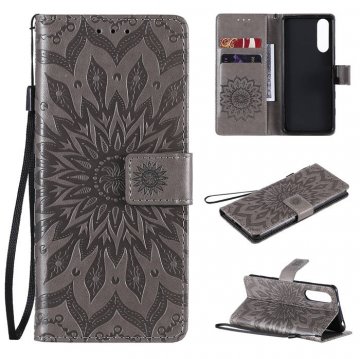Sony Xperia 5 II Embossed Sunflower Wallet Magnetic Stand Case Gray