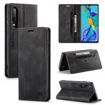 Autspace Huawei P30 Wallet Kickstand Magnetic Case Black