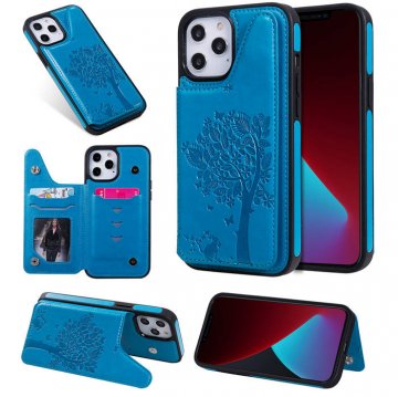iPhone 12 Pro Max Embossed Tree Cat Magnetic Clasp Wallet Stand Case Blue