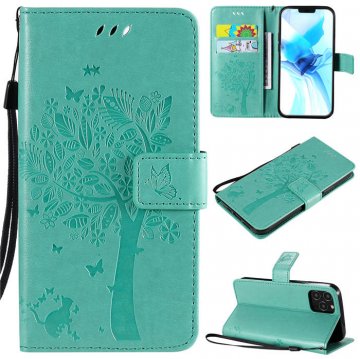 iPhone 12 Pro Embossed Tree Cat Butterfly Wallet Stand Case Green