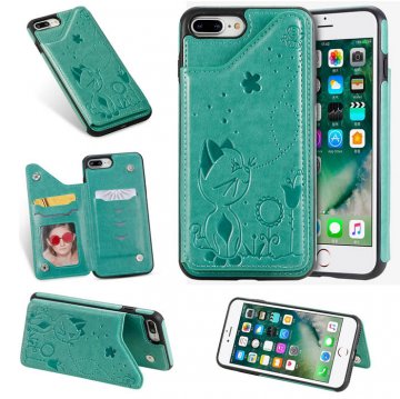iPhone 7 Plus/8 Plus Bee and Cat Embossing Card Slots Stand Cover Green