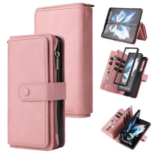 Samsung Galaxy Z Fold3 5G Wallet 15 Card Slots Case with Wrist Strap Pink