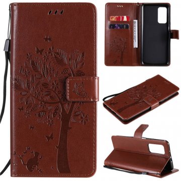 Xiaomi Mi 10T/10T Pro Embossed Tree Cat Butterfly Wallet Stand Case Brown