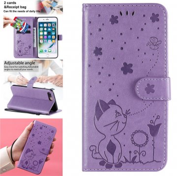 iPhone 7 Plus/8 Plus Embossed Cat Bee Wallet Stand Case Purple