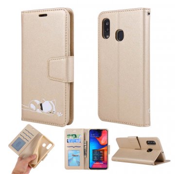 Samsung Galaxy A20 Cat Pattern Wallet Magnetic Stand Case Gold