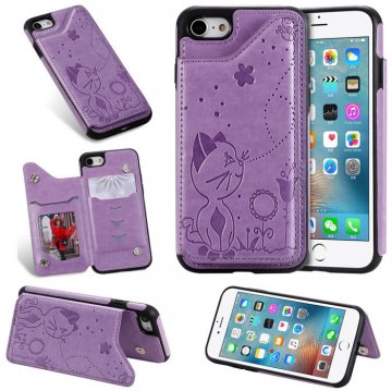 iPhone 7/8 Bee and Cat Embossing Magnetic Card Slots Stand Cover Purple