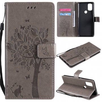 OnePlus Nord N10 5G Embossed Tree Cat Butterfly Wallet Stand Case Gray