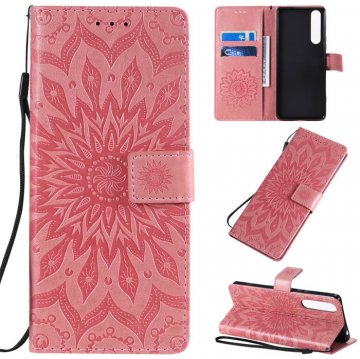 Sony Xperia 1 II Embossed Sunflower Wallet Stand Case Pink