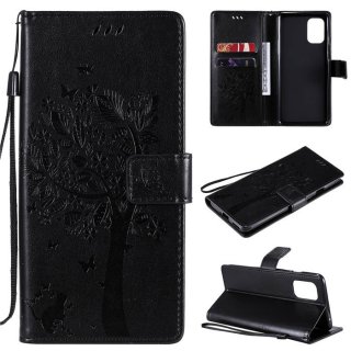 OnePlus 8T Embossed Tree Cat Butterfly Wallet Stand Case Black