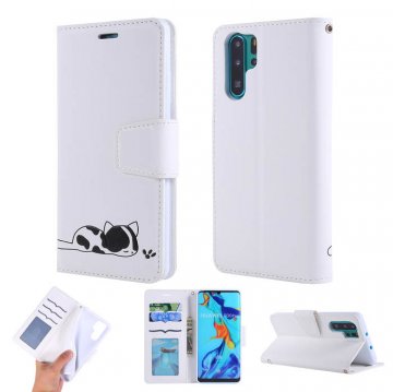 Huawei P30 Pro Cat Pattern Wallet Magnetic Stand Case White