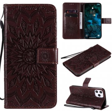 iPhone 12 Pro Max Embossed Sunflower Wallet Magnetic Stand Case Brown