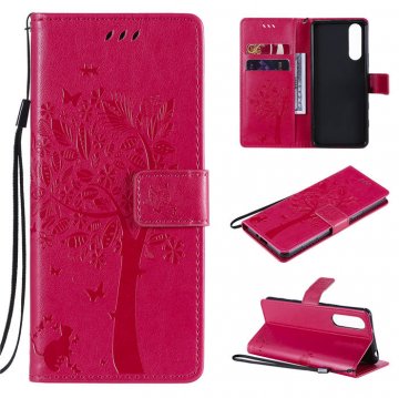 Sony Xperia 5 II Embossed Tree Cat Butterfly Wallet Stand Case Rose