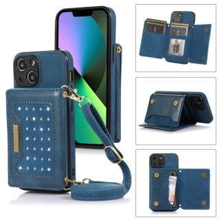 Bling Crossbody Bag Wallet iPhone 13 Mini Case with Lanyard Strap Blue