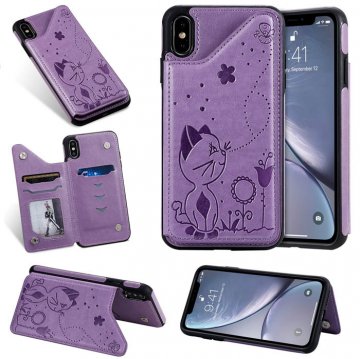 iPhone XS Max Bee and Cat Embossing Card Slots Stand Cover Purple