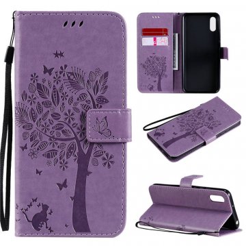 Xiaomi Redmi 9A Embossed Tree Cat Butterfly Wallet Stand Case Lavender