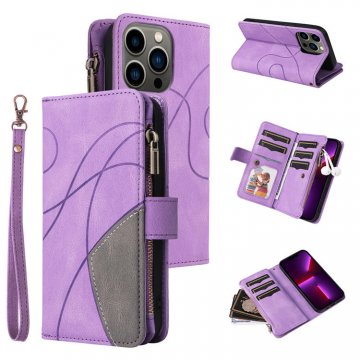 iPhone 13 Pro Zipper Wallet Magnetic Stand Case Purple